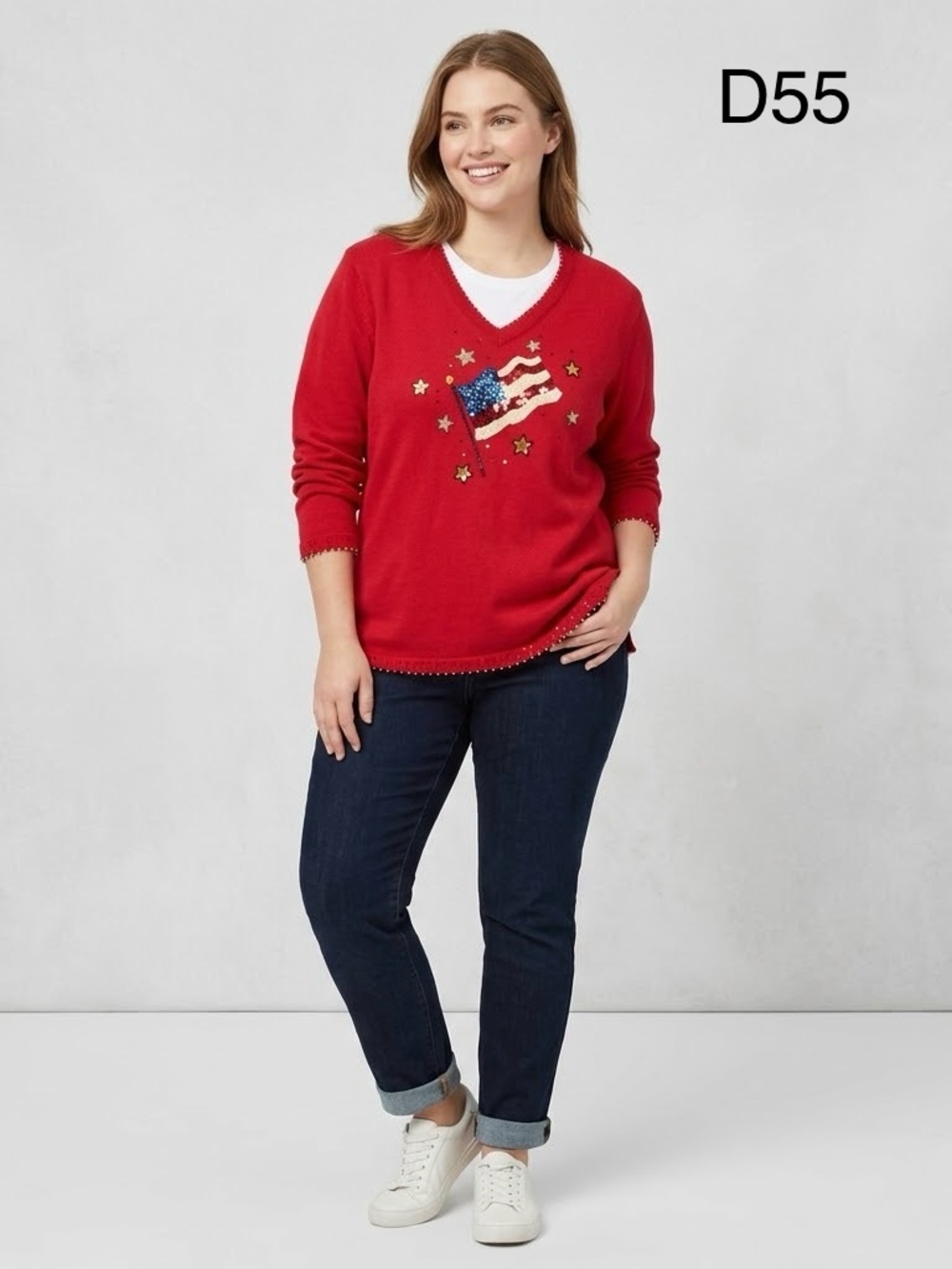 Quacker Factory Red V-Neck Sweater with Flag and Star Appliqué, Size XL